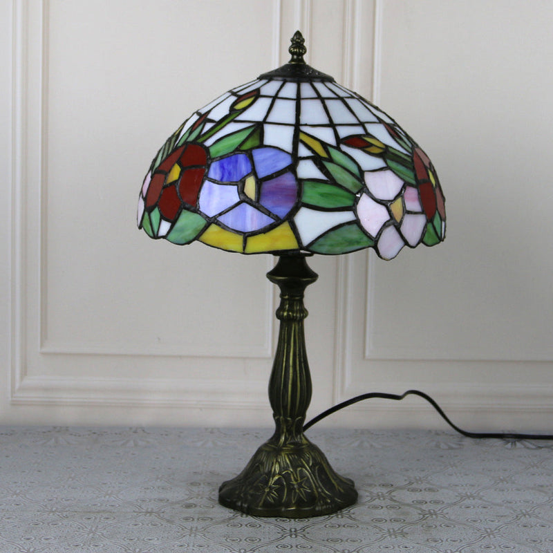 Traditional Tiffany Stained Glass Dome Shade Lotus Alloy Base 1-Light Table Lamp For Bedroom