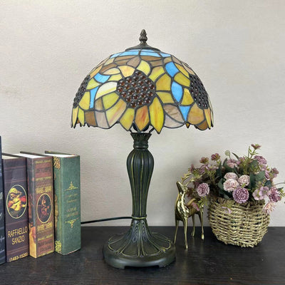 Traditional Tiffany Round Dome Flower Alloy Stained Glass 1-Light Table Lamp For Living Room