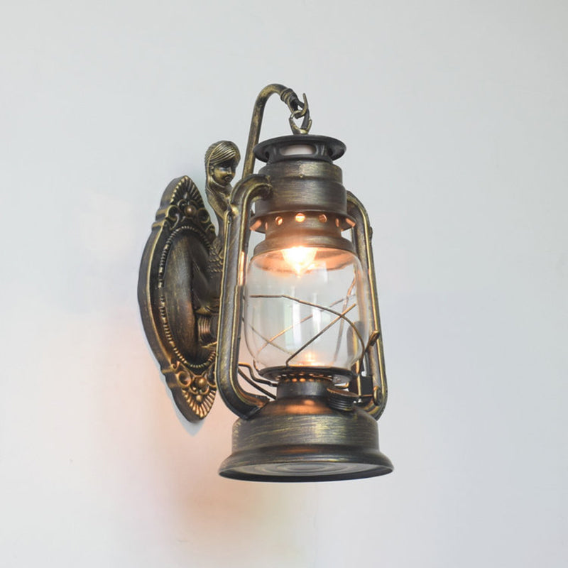 Traditional Vintage Iron Glass Cylinder Kerosene Lantern Mermaid 1-Light Wall Sconce Lamp For Hallway