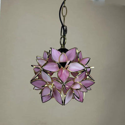 Traditional Tiffany Round Flower Ball Zinc Stained Glass 1-Light Pendant Light For Living Room