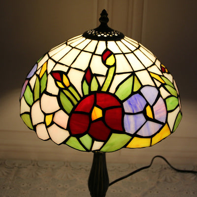 Traditional Tiffany Stained Glass Dome Shade Lotus Alloy Base 1-Light Table Lamp For Bedroom