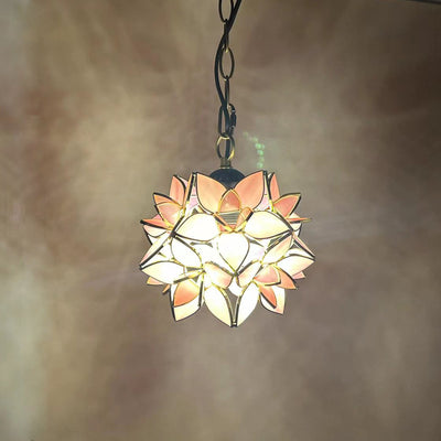 Traditional Tiffany Round Flower Ball Zinc Stained Glass 1-Light Pendant Light For Living Room