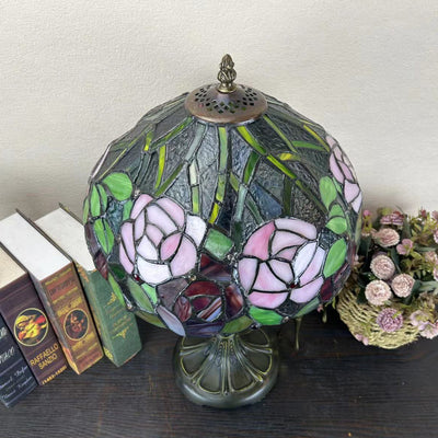 Traditional Tiffany Round Dome Flower Alloy Stained Glass 1-Light Table Lamp For Living Room