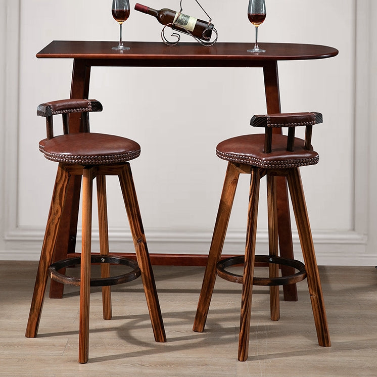 Contemporary Retro Round Leather Wood Legs Swivel Bar Stool Low Back Footrest For Dining Room