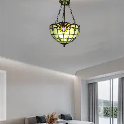 Traditional Tiffany Half Globe Floral Plaid Pattern Iron Glass 2-Light Pendant Light For Bedroom