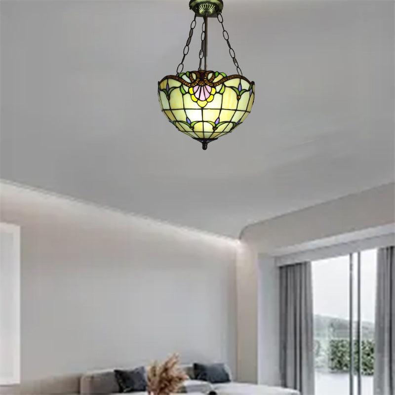 Traditional Tiffany Half Globe Floral Plaid Pattern Iron Glass 2-Light Pendant Light For Bedroom