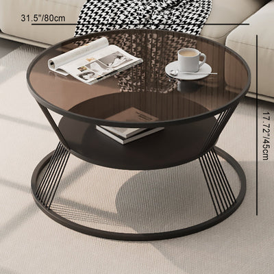 Modern Minimalist Round Hourglass Shape Glass Iron Coffee Table 2-Tier For Living Room