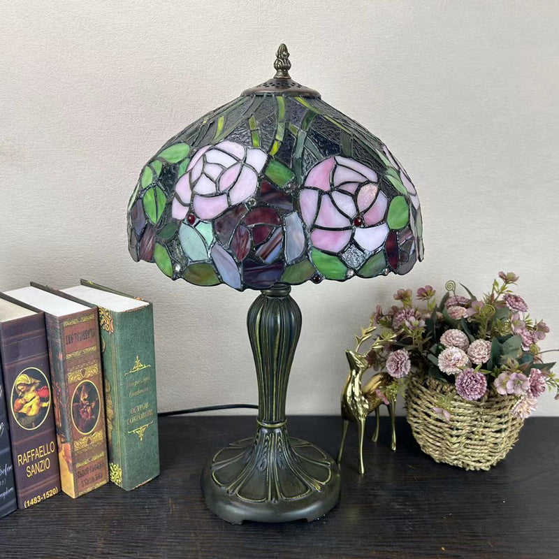 Traditional Tiffany Round Dome Flower Alloy Stained Glass 1-Light Table Lamp For Living Room