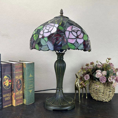 Traditional Tiffany Round Dome Flower Alloy Stained Glass 1-Light Table Lamp For Living Room