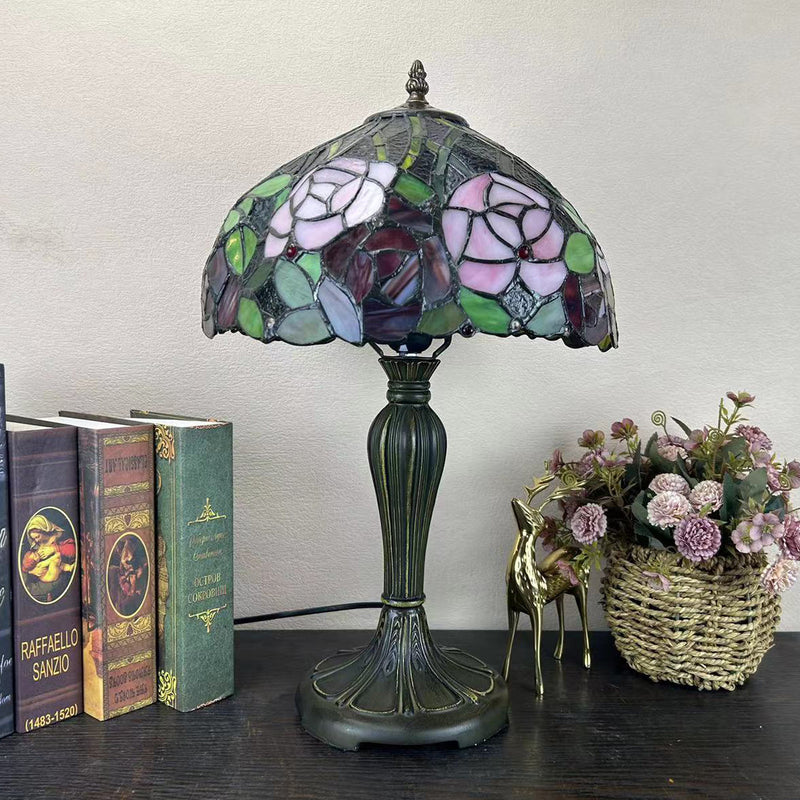 Traditional Tiffany Round Dome Flower Alloy Stained Glass 1-Light Table Lamp For Living Room