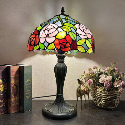 Traditional Tiffany Round Dome Flower Alloy Stained Glass 1-Light Table Lamp For Living Room