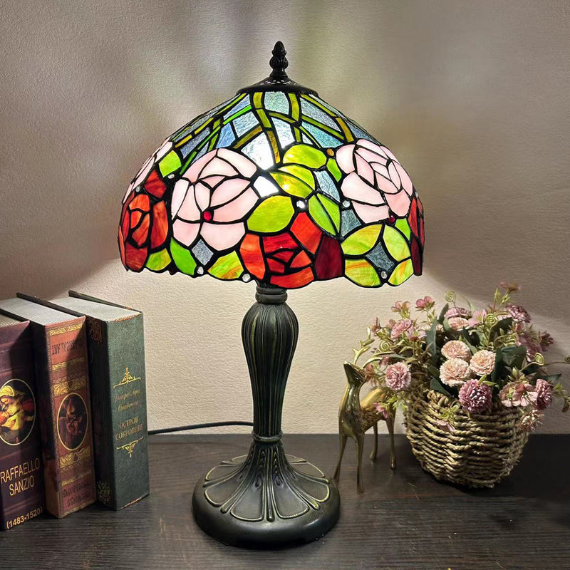 Traditional Tiffany Round Dome Flower Alloy Stained Glass 1-Light Table Lamp For Living Room