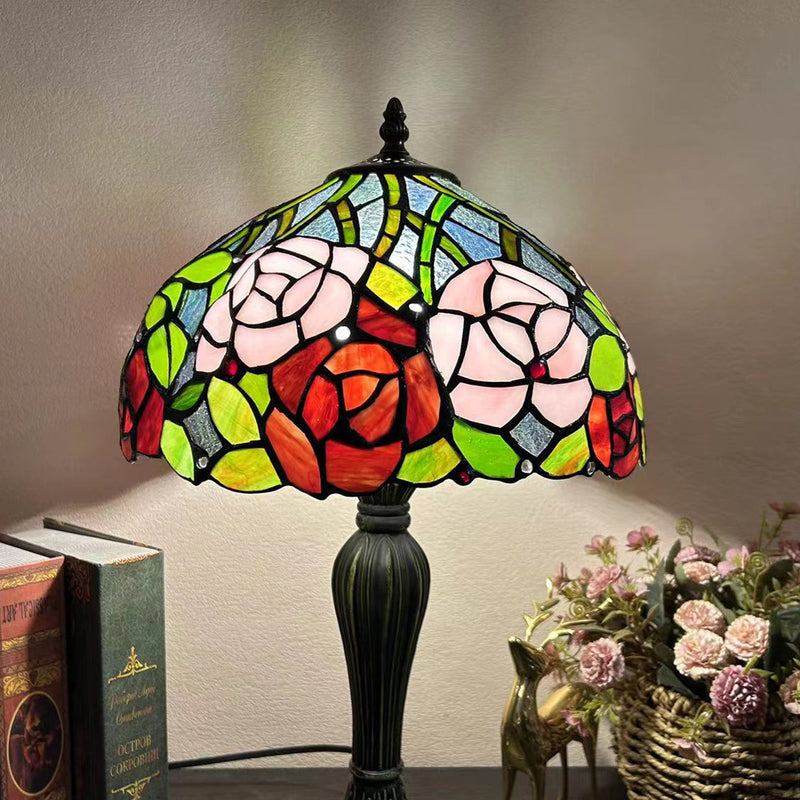 Traditional Tiffany Round Dome Flower Alloy Stained Glass 1-Light Table Lamp For Living Room