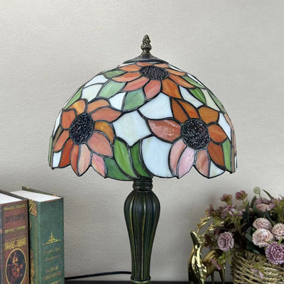 Traditional Tiffany Round Dome Flower Alloy Stained Glass 1-Light Table Lamp For Living Room