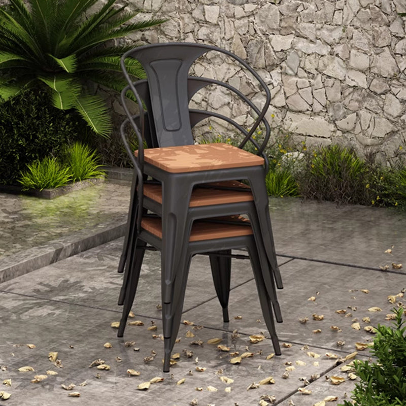 Contemporary Nordic Plastic Wood Iron Square Outdoor Dining Chair Backrest Stackable For Patio