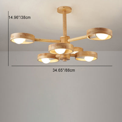 Contemporary Nordic Round Rotatable Rubber Wood 6/8 Light Chandeliers For Living Room