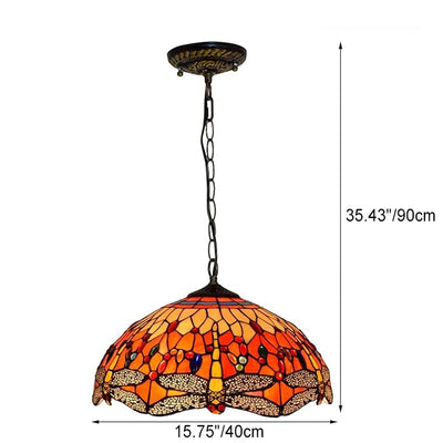 Traditional Tiffany Stained Glass Shade Dragonfly 1-Light Pendant Light For Living Room