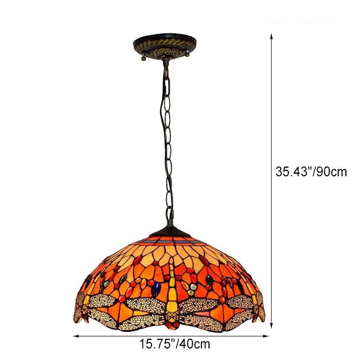 Traditional Tiffany Stained Glass Shade Dragonfly 1-Light Pendant Light For Living Room