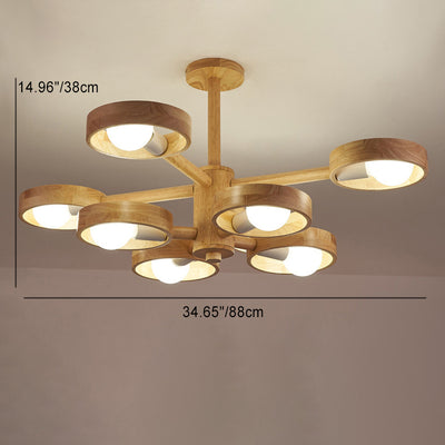 Contemporary Nordic Round Rotatable Rubber Wood 6/8 Light Chandeliers For Living Room