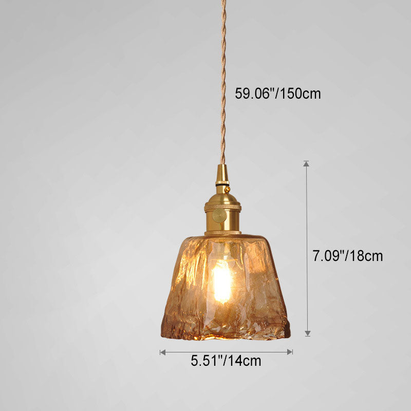 Contemporary Retro Brass Geometric Square Amber Glass Shade 1-Light Pendant Light For Living Room