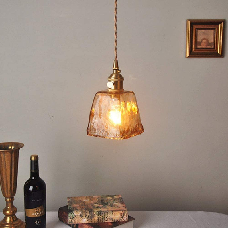 Contemporary Retro Brass Geometric Square Amber Glass Shade 1-Light Pendant Light For Living Room