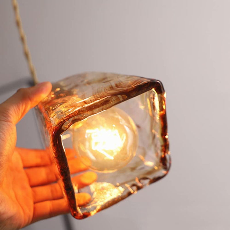 Contemporary Retro Brass Geometric Square Amber Glass Shade 1-Light Pendant Light For Living Room