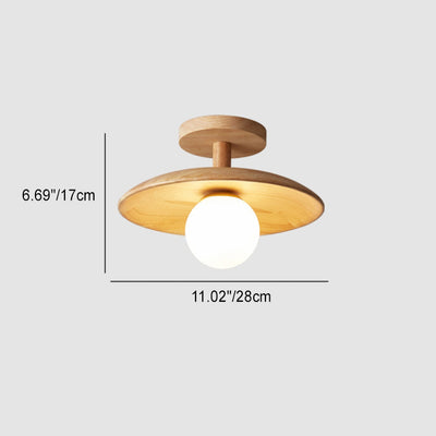 Modern Minimalist Wooden Round 1-Light Semi-Flush Mount Ceiling Light For Living Room