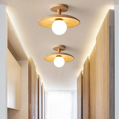 Modern Minimalist Wooden Round 1-Light Semi-Flush Mount Ceiling Light For Living Room