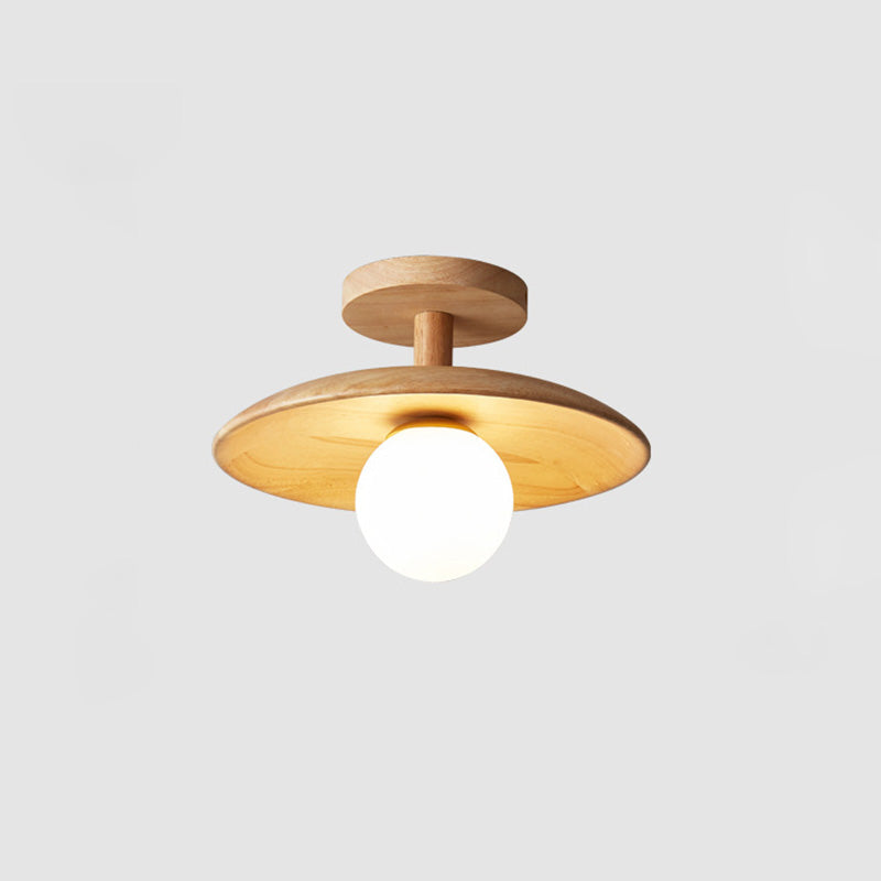 Modern Minimalist Wooden Round 1-Light Semi-Flush Mount Ceiling Light For Living Room