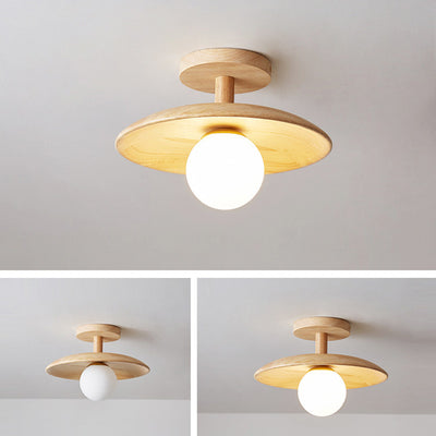 Modern Minimalist Wooden Round 1-Light Semi-Flush Mount Ceiling Light For Living Room