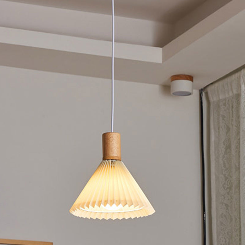 Contemporary Boho Wood Fabric Umbrella Shape 1-Light Pendant Light For Dining Room