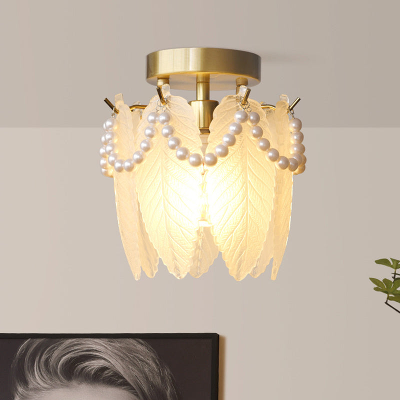 Traditional French Feather Shape Hanging Pearl Edge Iron Glass 1- Light Semi-Flush Mount Ceiling Light For Bedroom