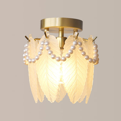 Traditional French Feather Shape Hanging Pearl Edge Iron Glass 1- Light Semi-Flush Mount Ceiling Light For Bedroom