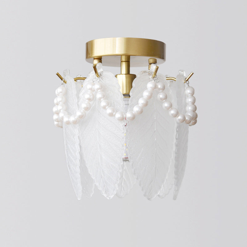 Traditional French Feather Shape Hanging Pearl Edge Iron Glass 1- Light Semi-Flush Mount Ceiling Light For Bedroom