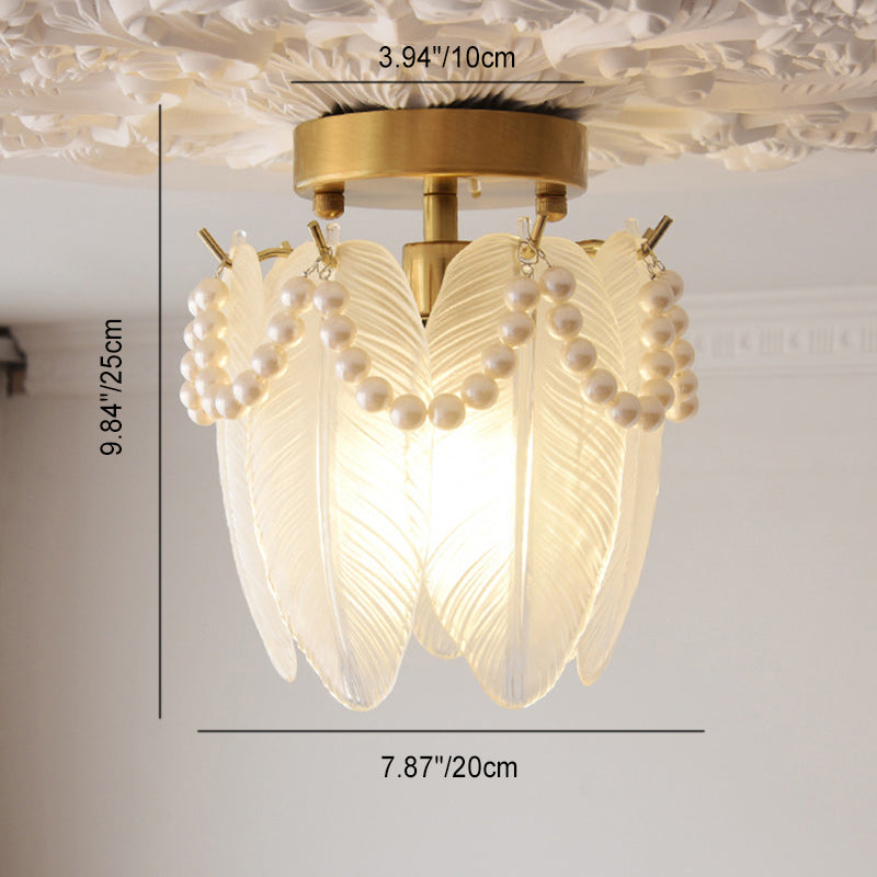 Traditional French Feather Shape Hanging Pearl Edge Iron Glass 1- Light Semi-Flush Mount Ceiling Light For Bedroom