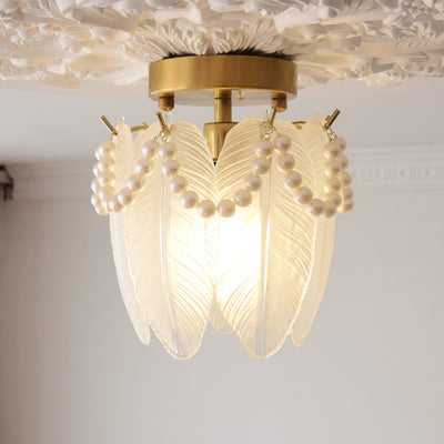 Traditional French Feather Shape Hanging Pearl Edge Iron Glass 1- Light Semi-Flush Mount Ceiling Light For Bedroom