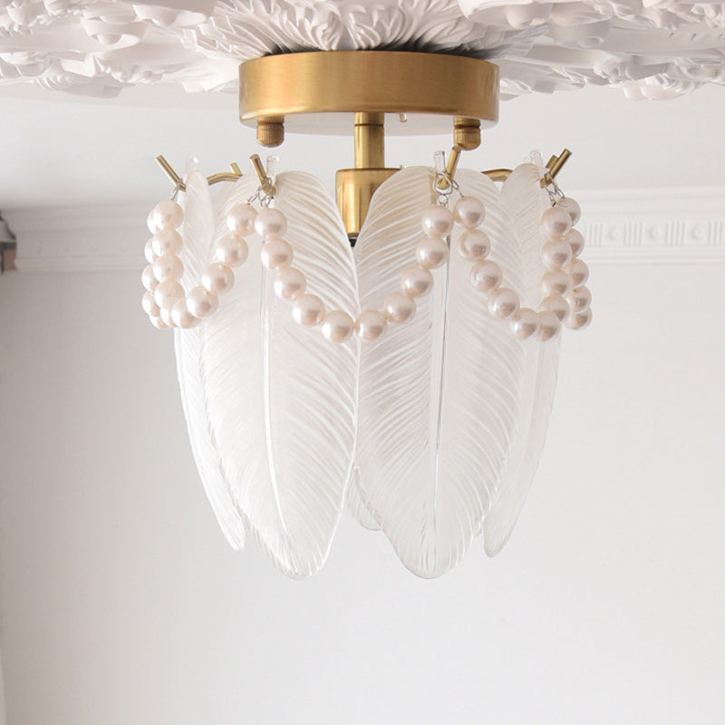 Traditional French Feather Shape Hanging Pearl Edge Iron Glass 1- Light Semi-Flush Mount Ceiling Light For Bedroom