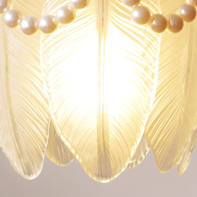 Traditional French Feather Shape Hanging Pearl Edge Iron Glass 1- Light Semi-Flush Mount Ceiling Light For Bedroom