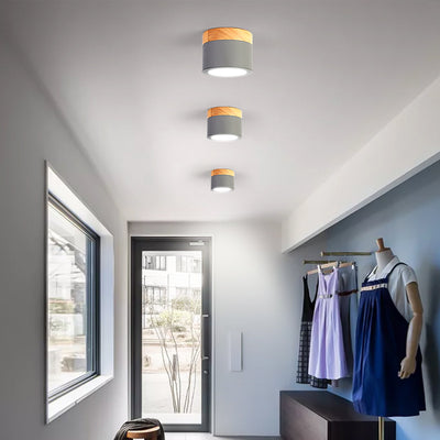 Contemporary Nordic Cylinder Spotlight LED Aluminum Wood Flush Mount Ceiling Light For Hallways