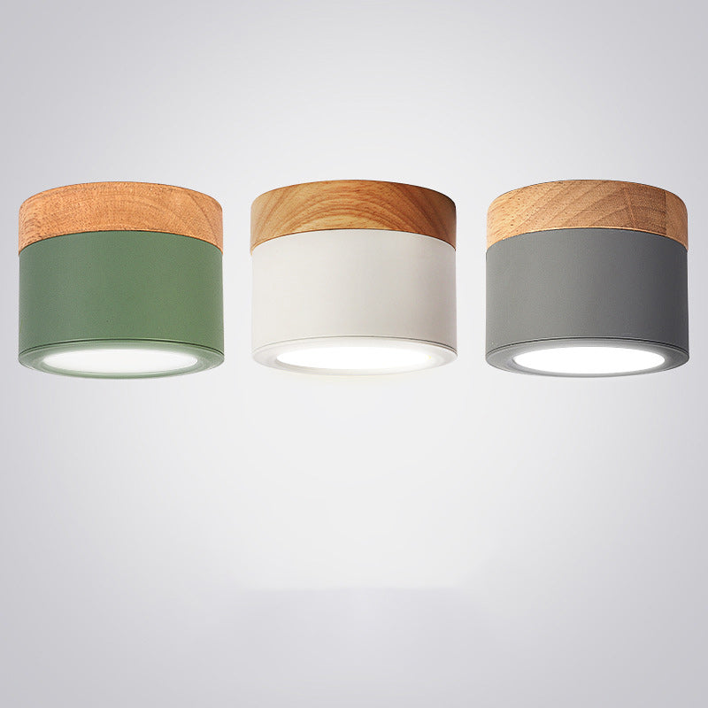 Contemporary Nordic Cylinder Spotlight LED Aluminum Wood Flush Mount Ceiling Light For Hallways