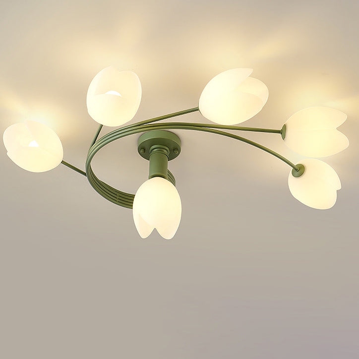 Modern Art Deco Iron Tulip Flower 4/6- Light Semi-Flush Mount Ceiling Light For Bedroom