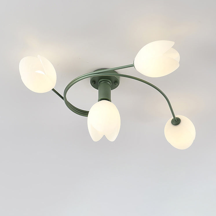 Modern Art Deco Iron Tulip Flower 4/6- Light Semi-Flush Mount Ceiling Light For Bedroom