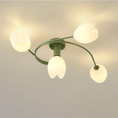 Modern Art Deco Iron Tulip Flower 4/6- Light Semi-Flush Mount Ceiling Light For Bedroom