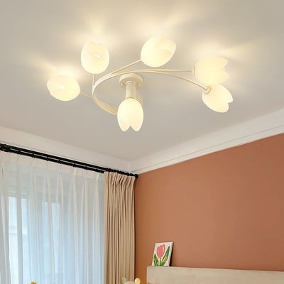 Modern Art Deco Iron Tulip Flower 4/6- Light Semi-Flush Mount Ceiling Light For Bedroom