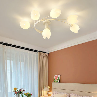 Modern Art Deco Iron Tulip Flower 4/6- Light Semi-Flush Mount Ceiling Light For Bedroom