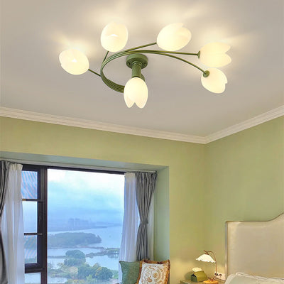 Modern Art Deco Iron Tulip Flower 4/6- Light Semi-Flush Mount Ceiling Light For Bedroom