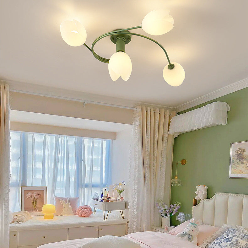 Modern Art Deco Iron Tulip Flower 4/6- Light Semi-Flush Mount Ceiling Light For Bedroom