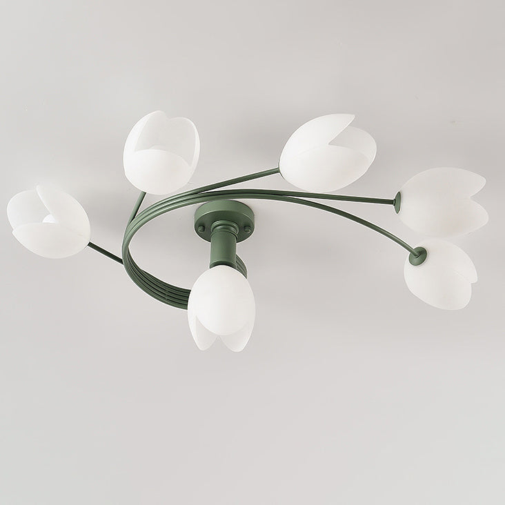 Modern Art Deco Iron Tulip Flower 4/6- Light Semi-Flush Mount Ceiling Light For Bedroom