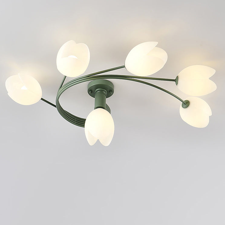 Modern Art Deco Iron Tulip Flower 4/6- Light Semi-Flush Mount Ceiling Light For Bedroom