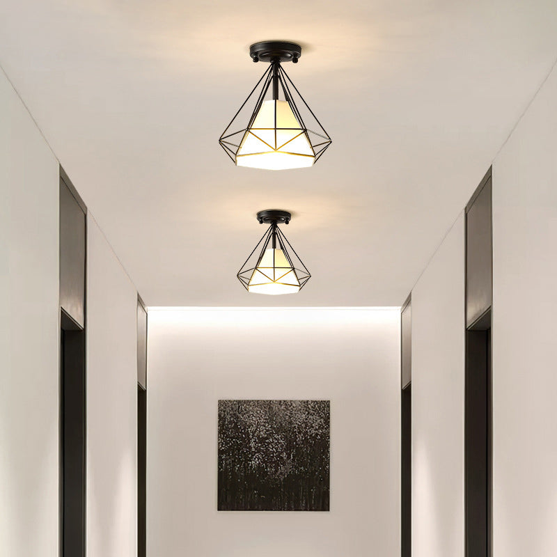 Contemporary Nordic Diamond Shape Iron Fabric 1-Light Semi-Flush Mount Ceiling Light For Hallways